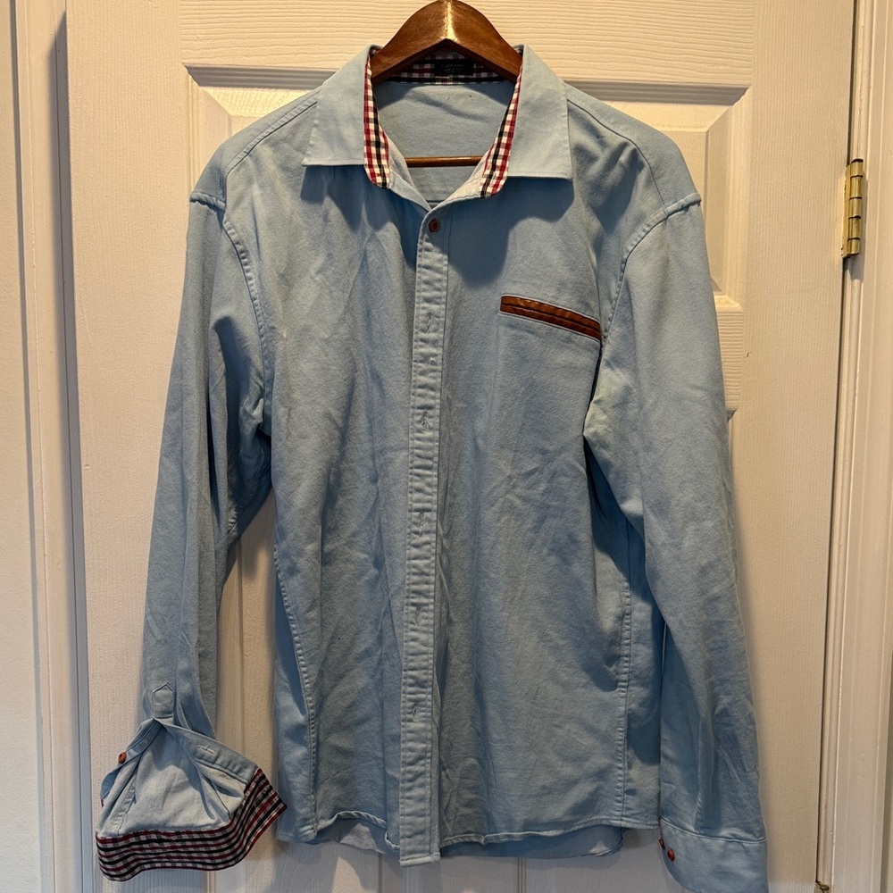Men's Light Blue Casual Shirt with Checkered Details